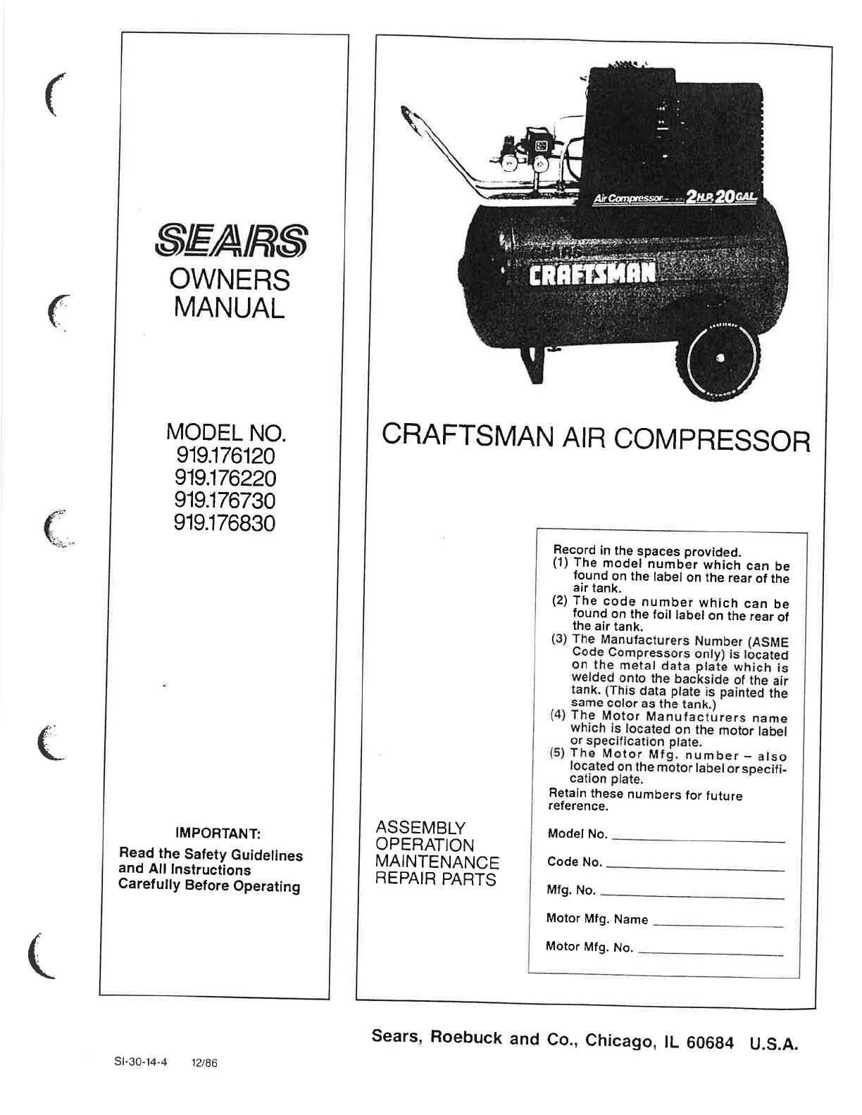 craftsman compressor parts diagram